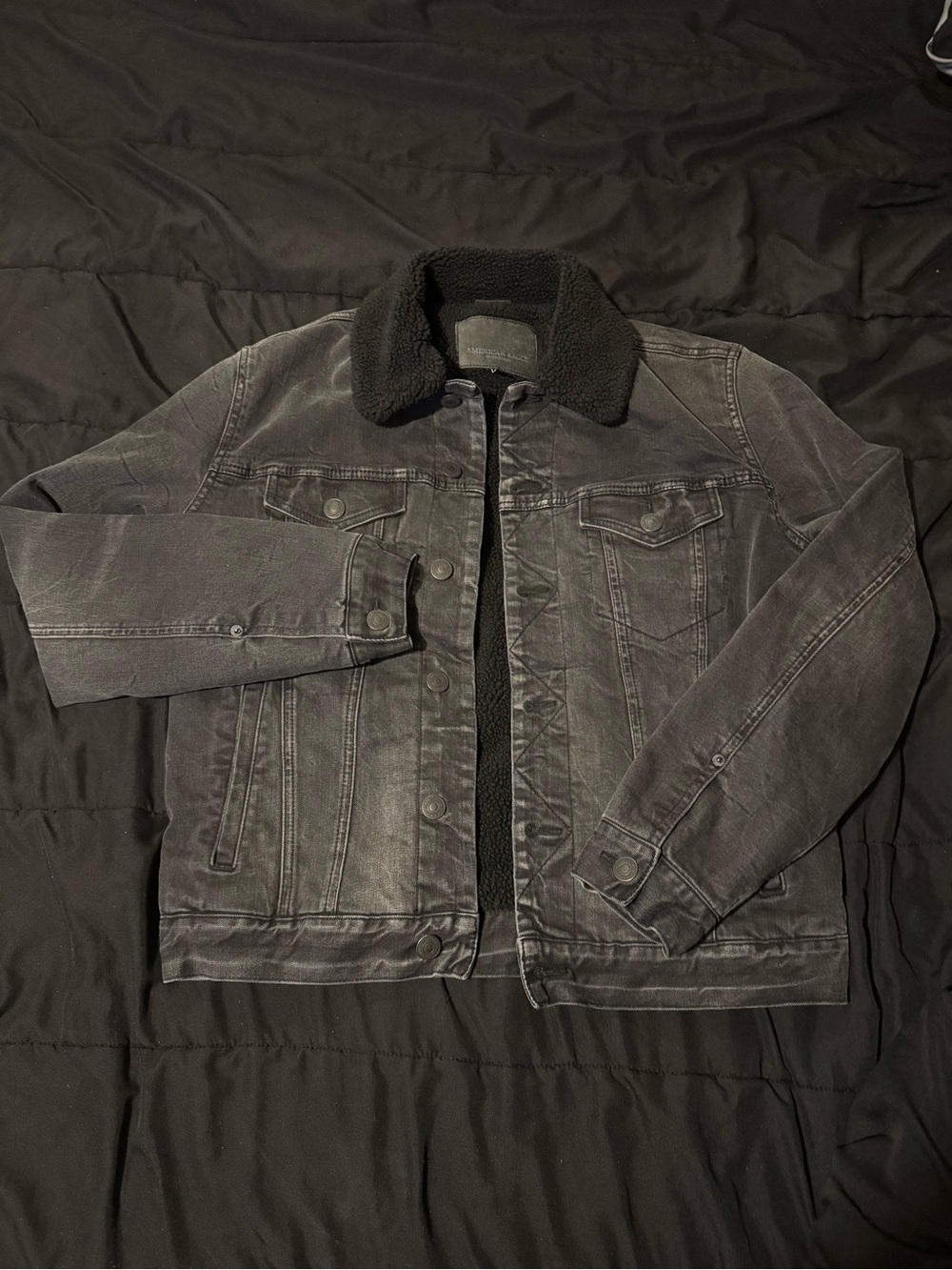 American Eagle Outfitters Black Sherpa Collar Denim Jacket